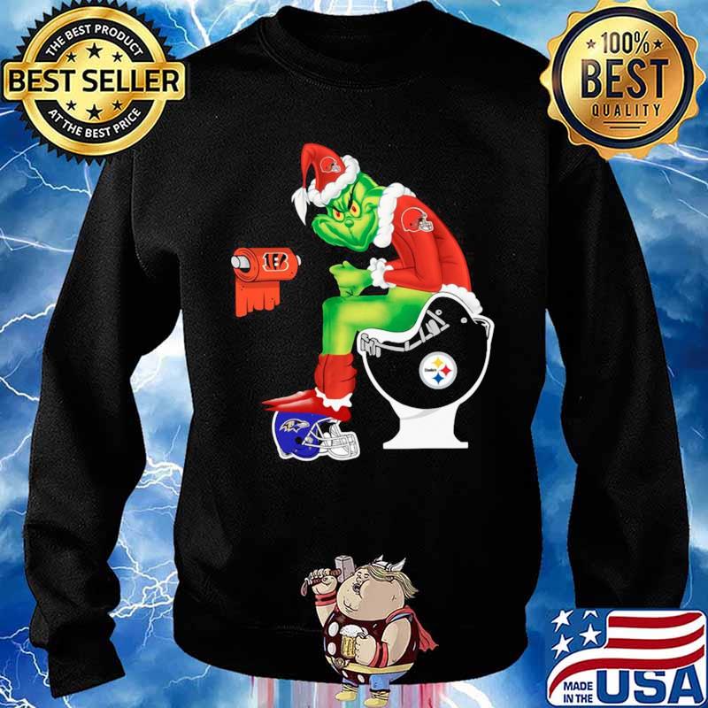 Pittsburgh Steelers grinch sitting on baltimore ravens toilet and step on  Cleveland browns helmet shirt, hoodie, sweater, long sleeve and tank top