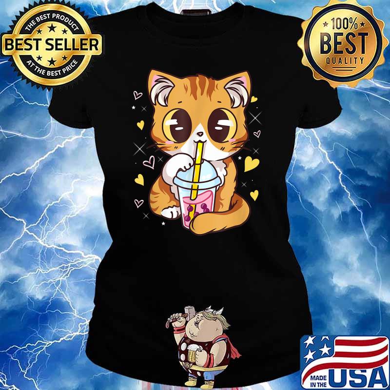 Cute Kawaii Cat Boba Bubble Milk Tea Anime Neko Kitten Shirt Ladies tee