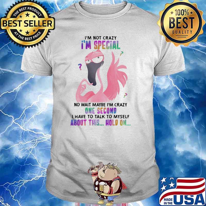 I'm Not Crazy I'm Special No Wait Maybe I'm Crazy One Second I Have To Talk To Myself About This Hold ON Flamingo Shirt