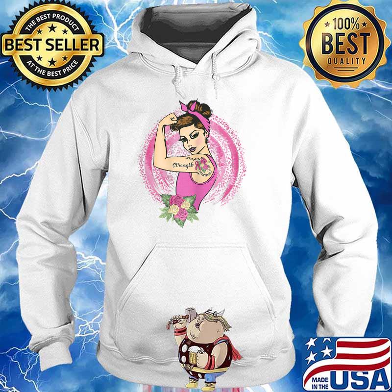 Breast Cancer Awareness Rosie Riveter Strength Pink Ribbon T-Shirt Hoodie
