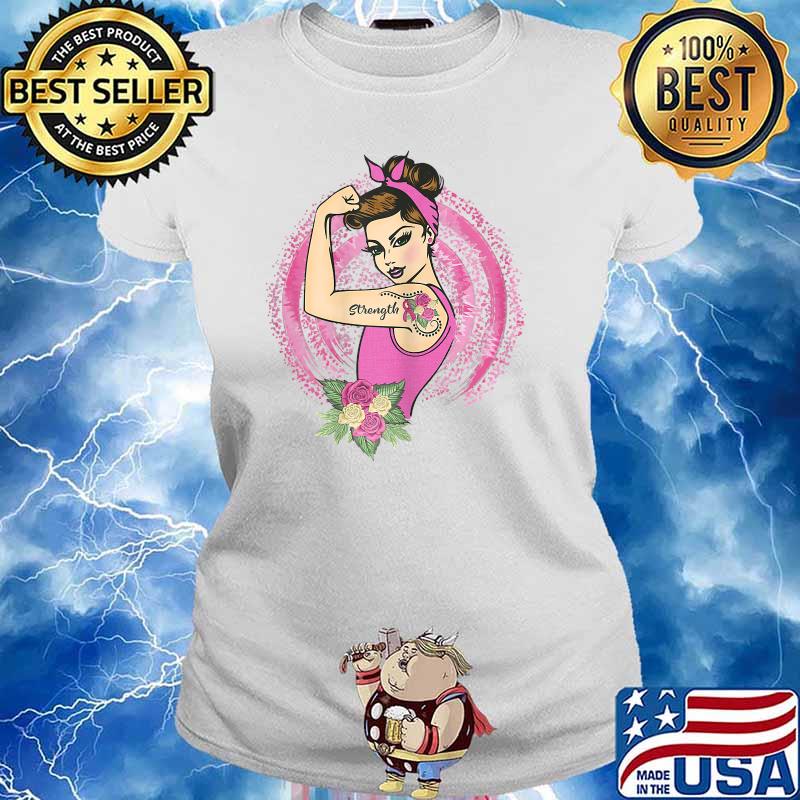 Breast Cancer Awareness Rosie Riveter Strength Pink Ribbon T-Shirt Ladies tee