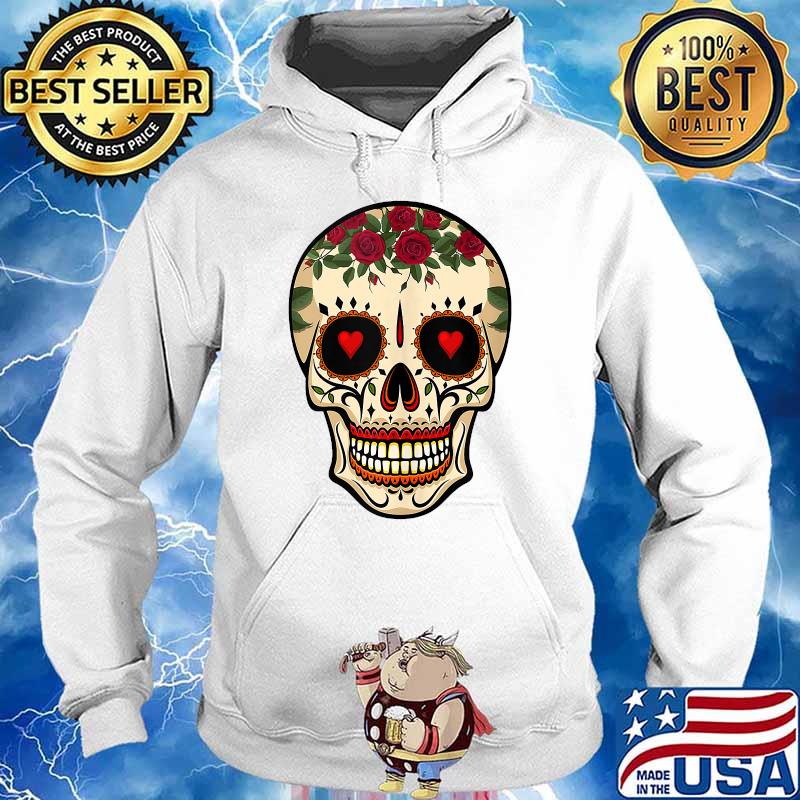 Day of the Dead Sugar Skull Red Roses Hearts T-Shirt Hoodie