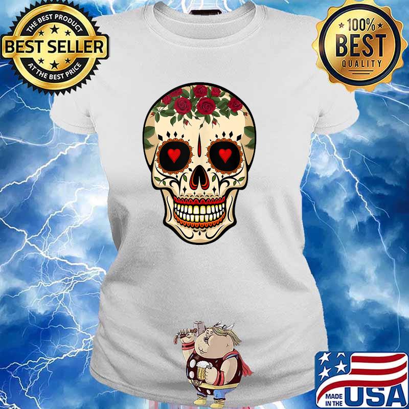 Day of the Dead Sugar Skull Red Roses Hearts T-Shirt Ladies tee