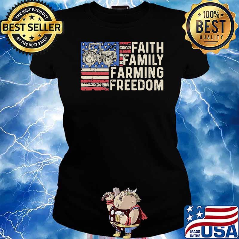 Faith family farming freedom tractor american flag s Ladies tee