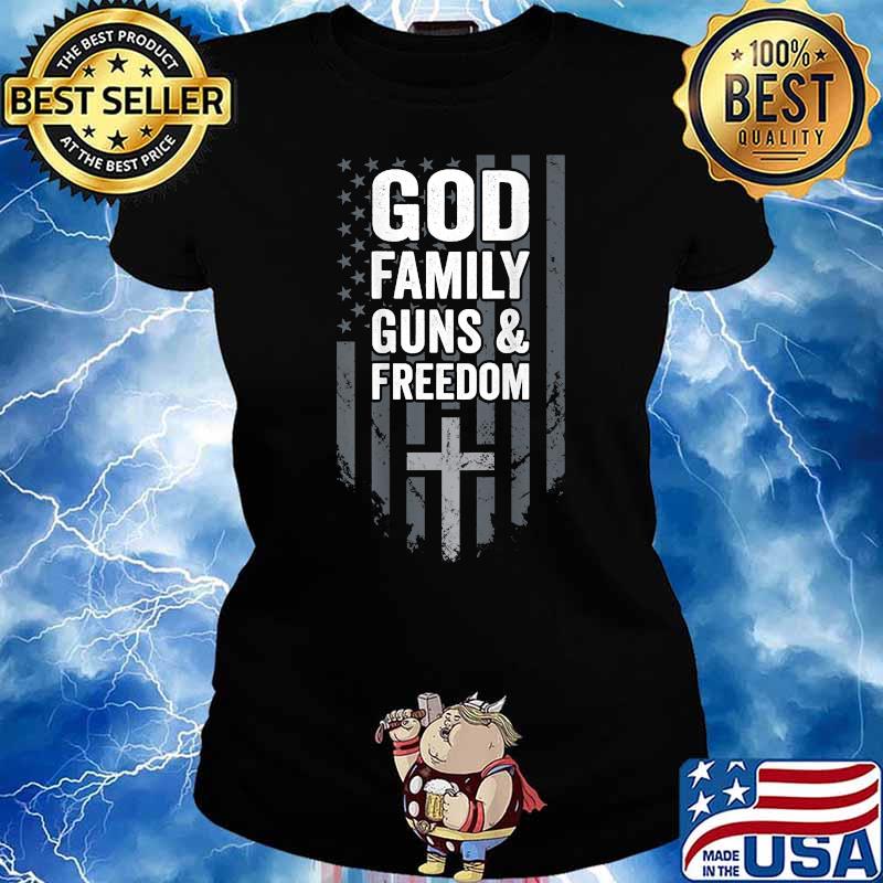 GOD FAMILY GUNS & FREEDOM - Pro Gun Christian Flag - ON BACK T-Shirt Ladies tee