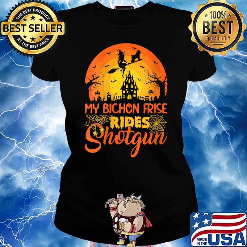 My Bichon Frise Rides Shotgun Witch Moon Halloween T-Shirt Ladies tee