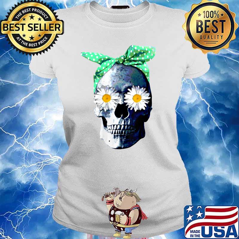Skeleton Skull With Bandana Head Scarf And Daisy Flower Eyes T-Shirt Ladies tee