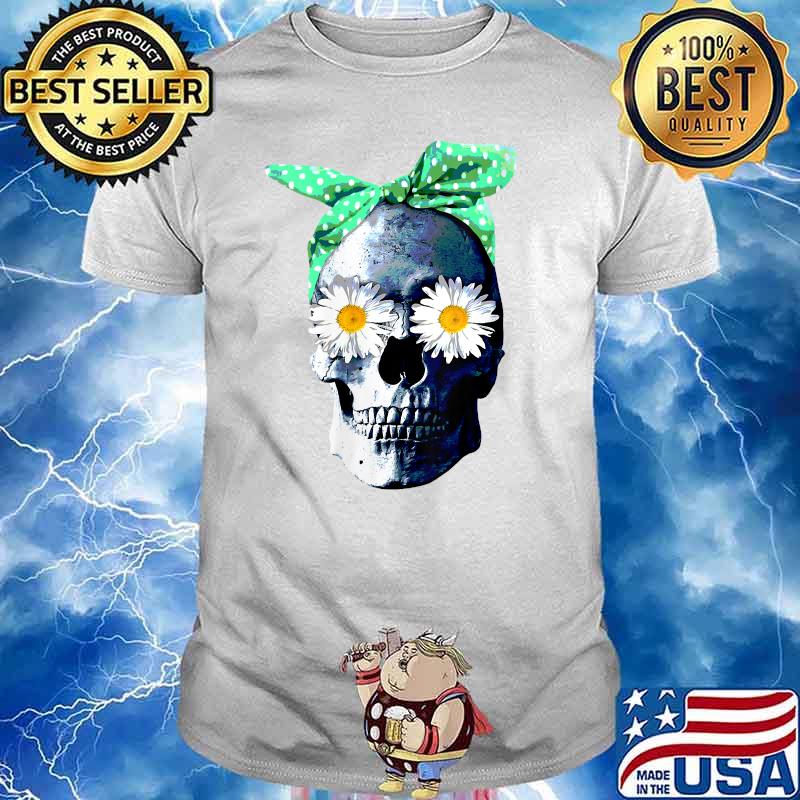 Skeleton Skull With Bandana Head Scarf And Daisy Flower Eyes T-Shirt