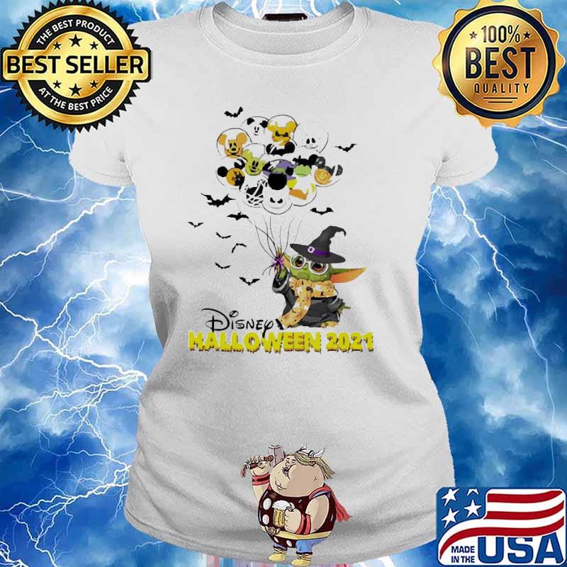 Baby Yoda and Mickey Mouse balloon Disney halloween s Ladies tee