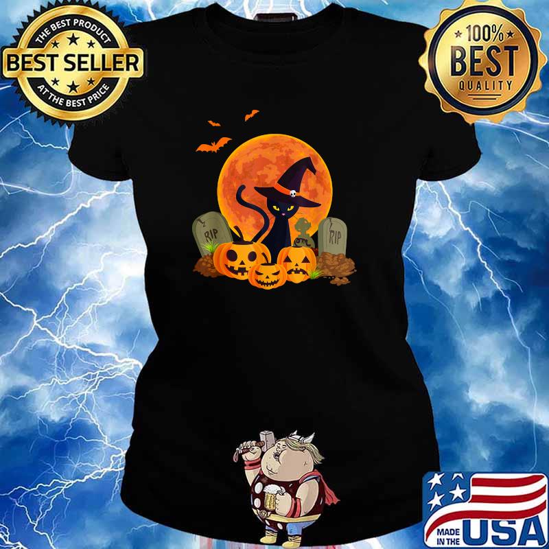 Halloween Witch Cat Mom Pumpkin Graveyard Spooky Blood Moon T-Shirt Ladies tee