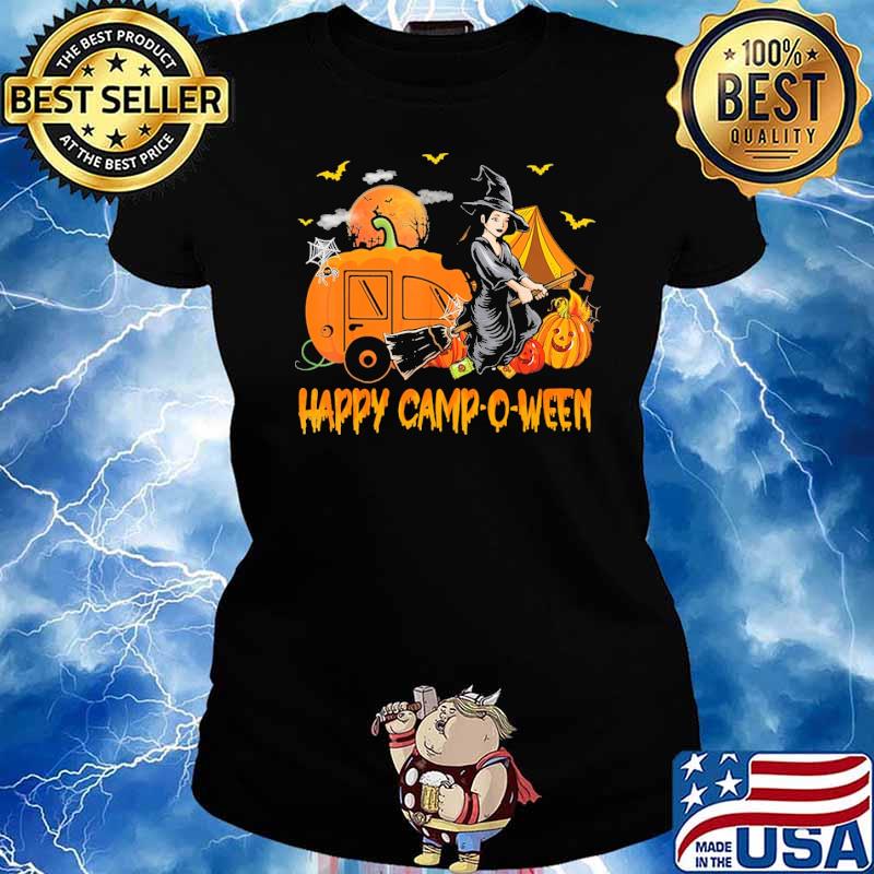 Happy Camp O Ween Camping Witch Broom And Pumpkin Halloween Shirt Ladies tee