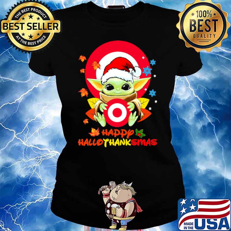Target logo yoda holding happy hallothanksmas santa hat s Ladies tee