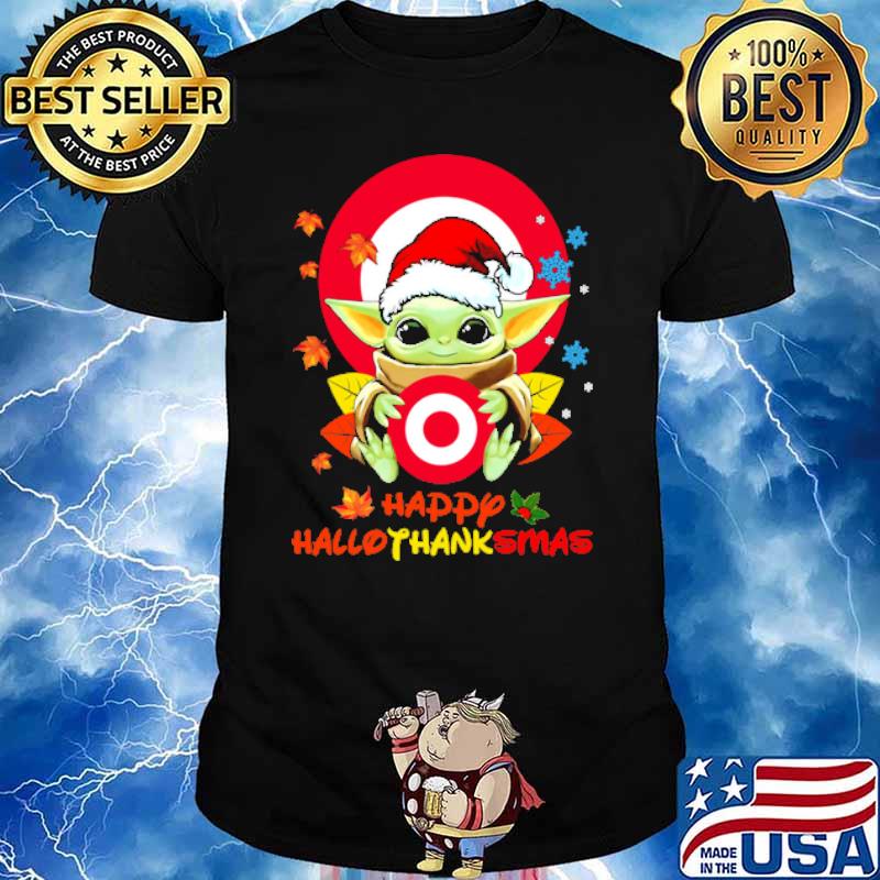 Target logo yoda holding happy hallothanksmas santa hat shirt