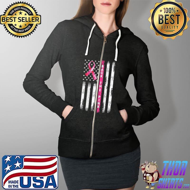 Back The Pink Ribbon American Flag Breast Cancer Awareness T-Shirt Full Zip Hooded