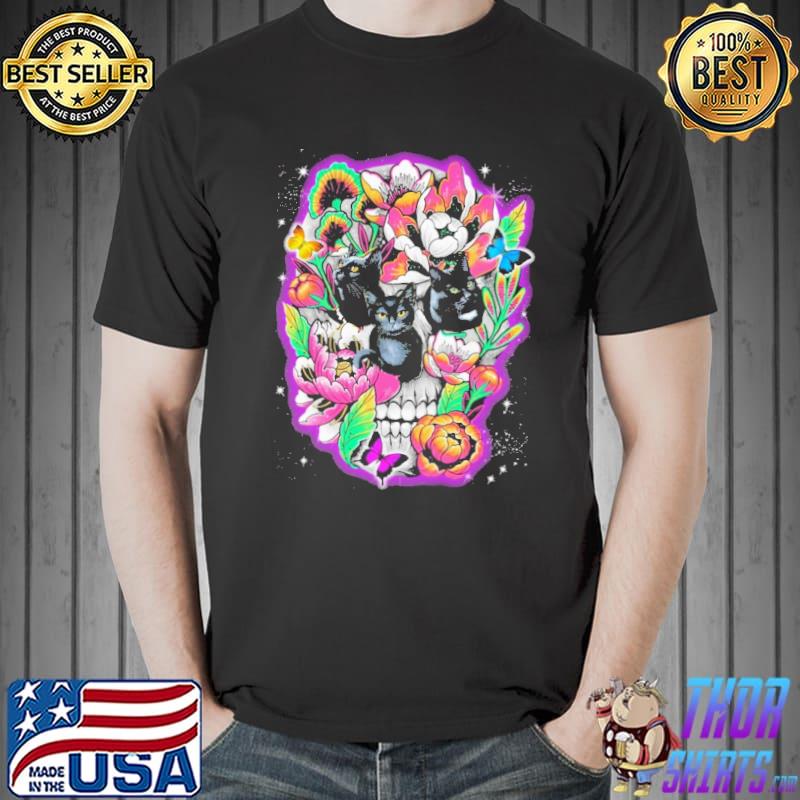 Black cat Floral Skull Flower Shirt Unisex