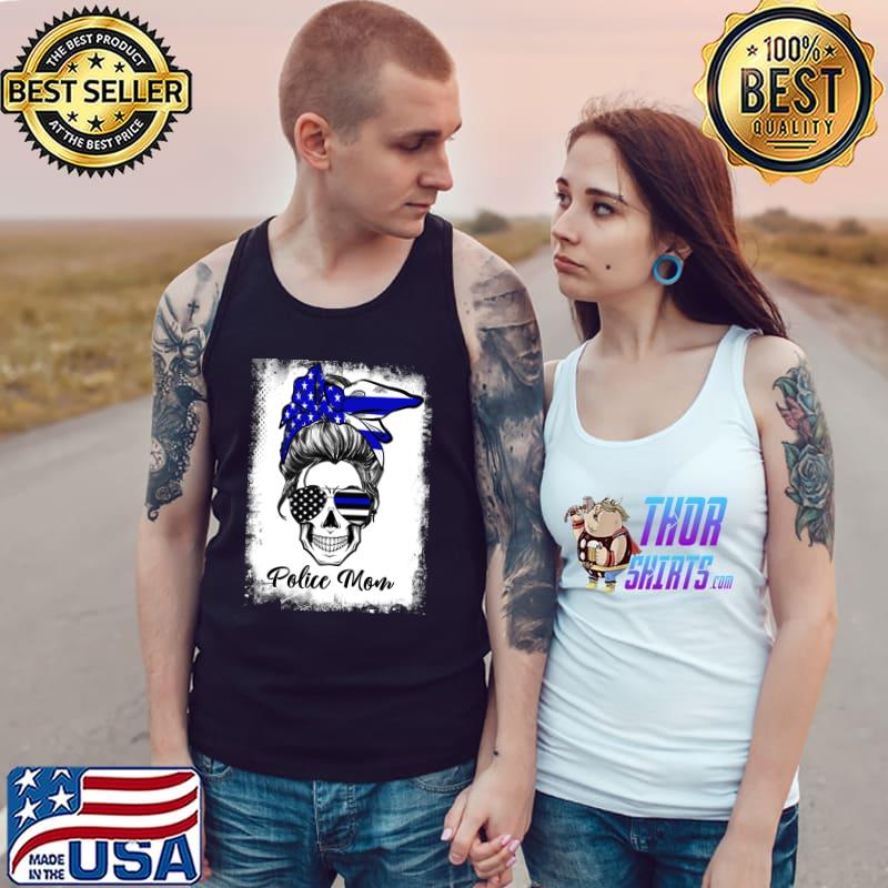 Bleached Messy Bun Police Mom Back the Blue Line US Flag T-s Tank Top