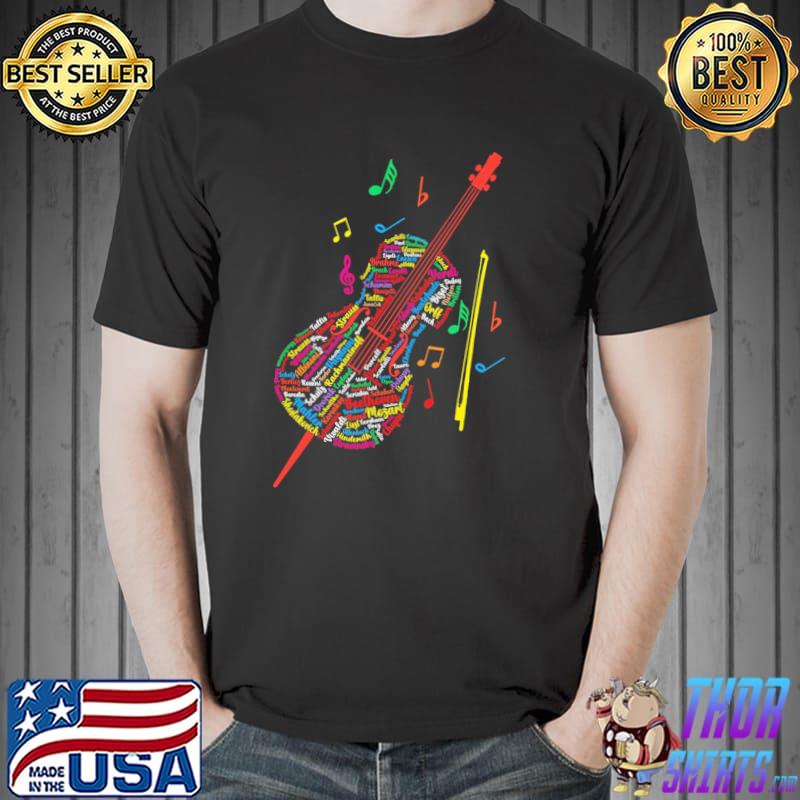 Cello Text Mozart Beethoven Orff Verdi Colorful Shirt Unisex