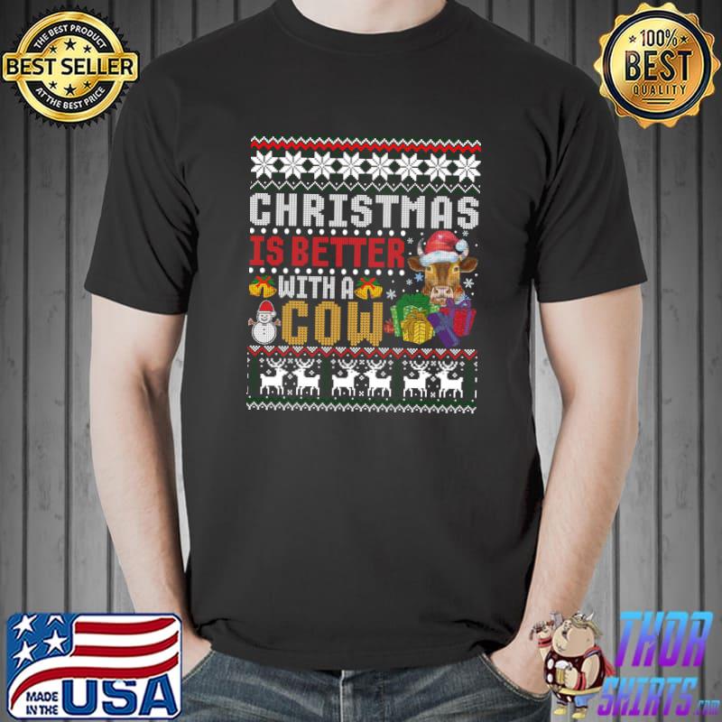 Christmas Is Better With A Cow Santa Hat Light Ugly Sweater T-Shirt