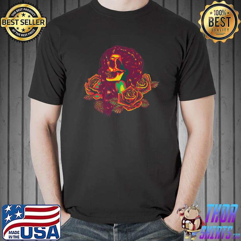 Colorful Woman Skull and Roses Cool Skeleton Art Premium T-Shirt