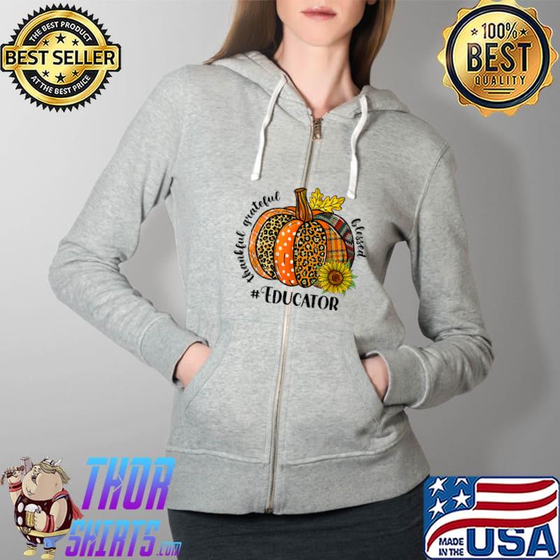 Fall Thankful Grateful Leopard Pumpkin Educator Thanksgiving T-Shirt Full Zip Hooded
