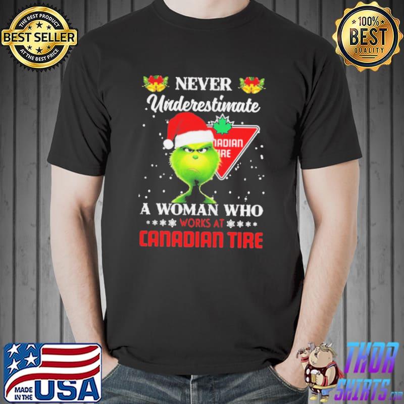 Grinch Santa Hat Never Underestimate A Woman Who Works At Perkins Merry Christmas Shirt Unisex