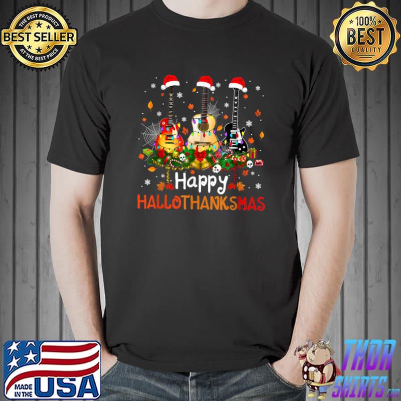 Happy HalloThanksMas Halloween Thanksgiving Christmas Guitar T-Shirt Unisex