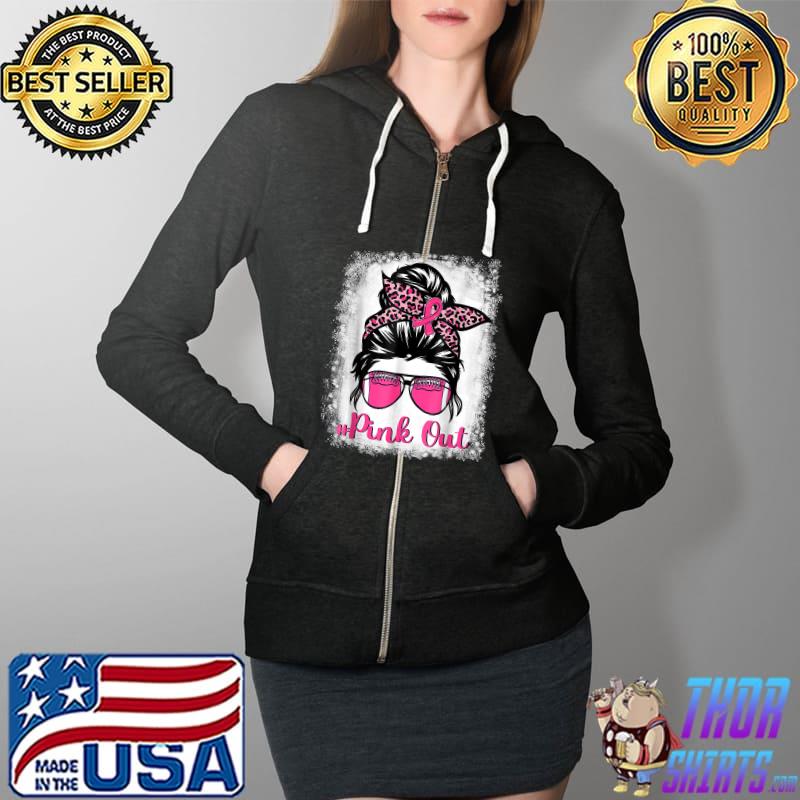 In October We Wear Pink Messy Bun Teacher Life Breast Cancer T-Shirt Full Zip Hooded