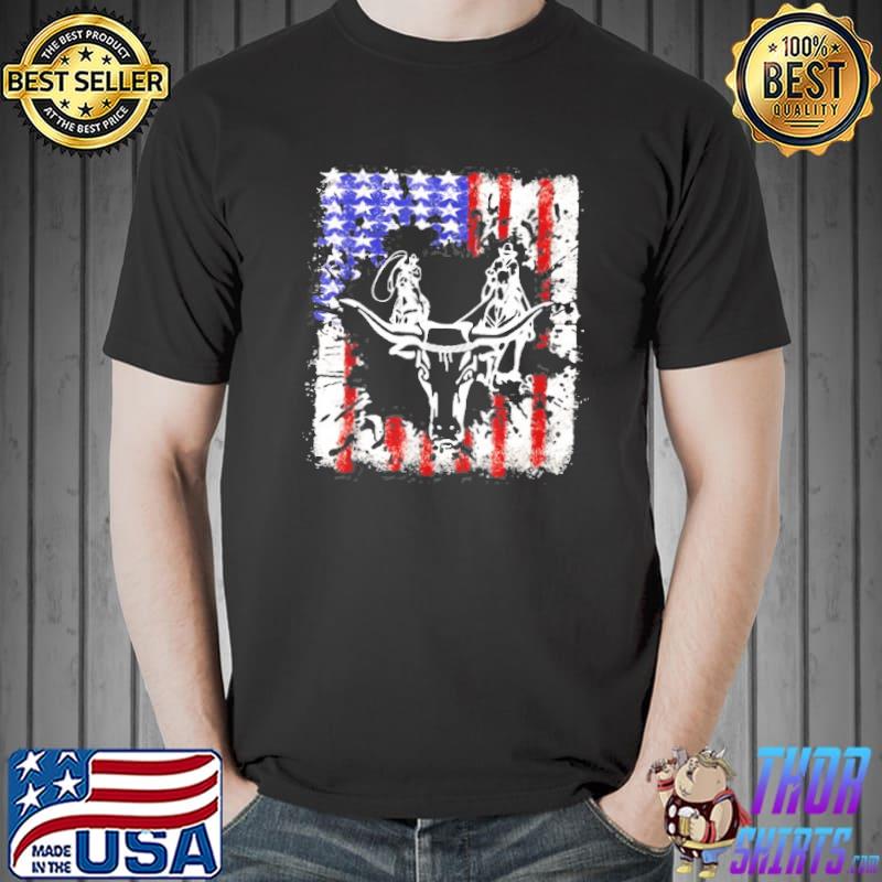 Independence Day Team Roping Bull Head July Of 4Th Us Flag Shirt Unisex