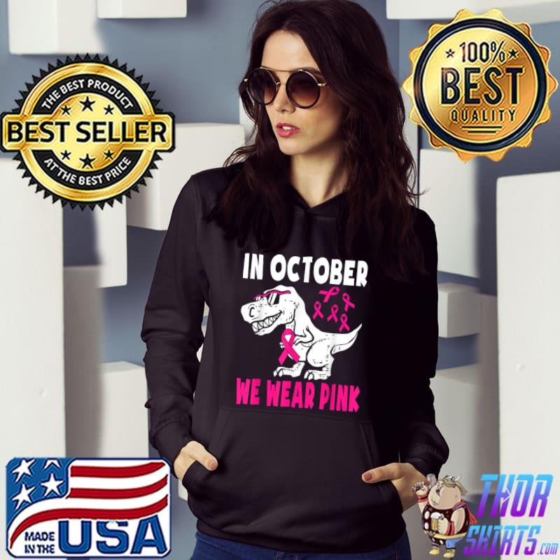 Kids In October We Wear Pink Breast Cancer Awareness T rex T-Shirt