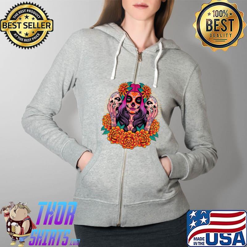 La Catrina Skull Flowers Dia De Los Muertos T-Shirt Full Zip Hooded