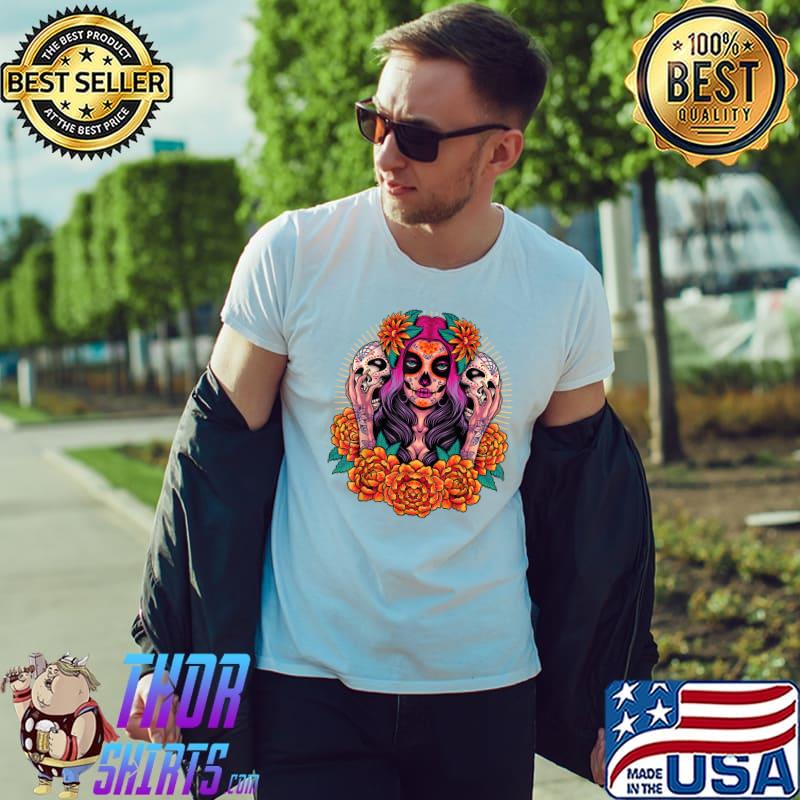 La Catrina Skull Flowers Dia De Los Muertos T-Shirt Unisex