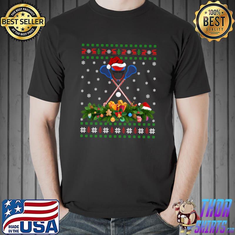 Lacrosse Sports Lover Xmas Santa Hat Ugly Lacrosse Christmas T-shirt