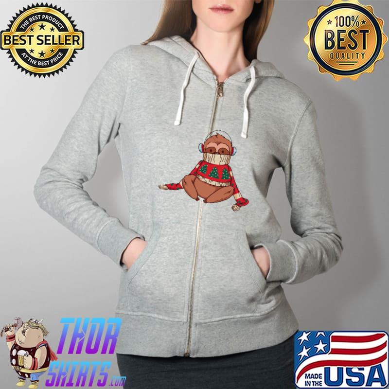 Merry Slothmas Funny Cartoon Sloth in Christmas T-Shirt Full Zip Hooded