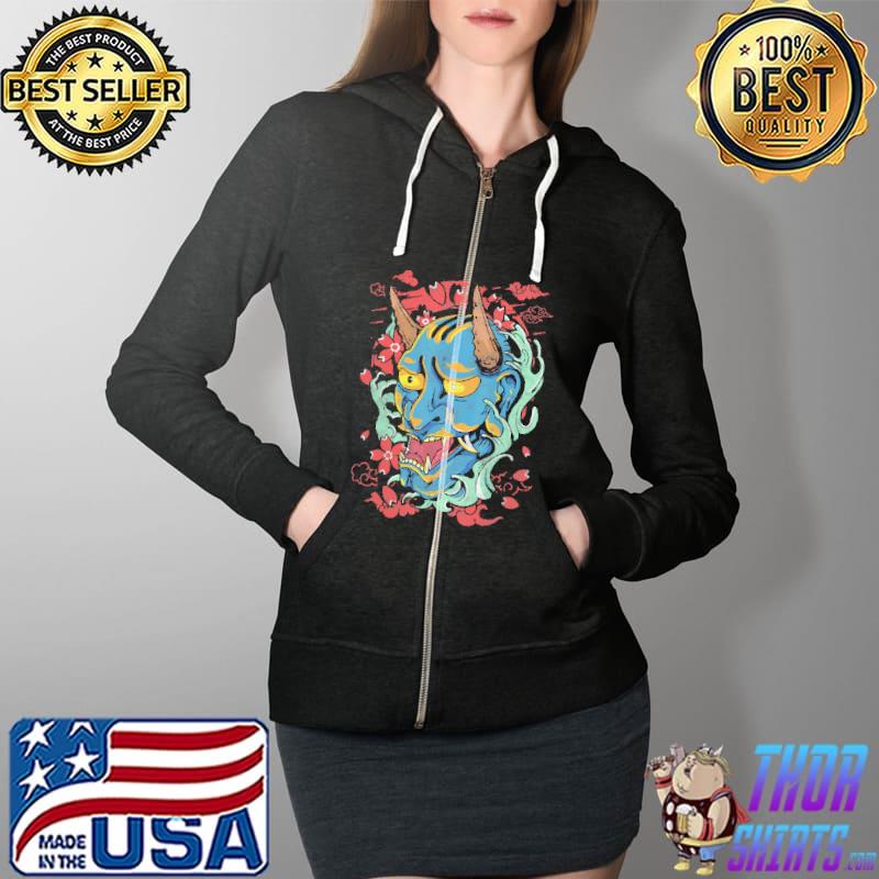 Oni Japanese Demon Mask Blue Shirt Full Zip Hooded