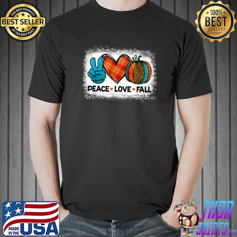 Peace Love Fall Leopard Pumpkin Halloween Vibes Bleached T-Shirt