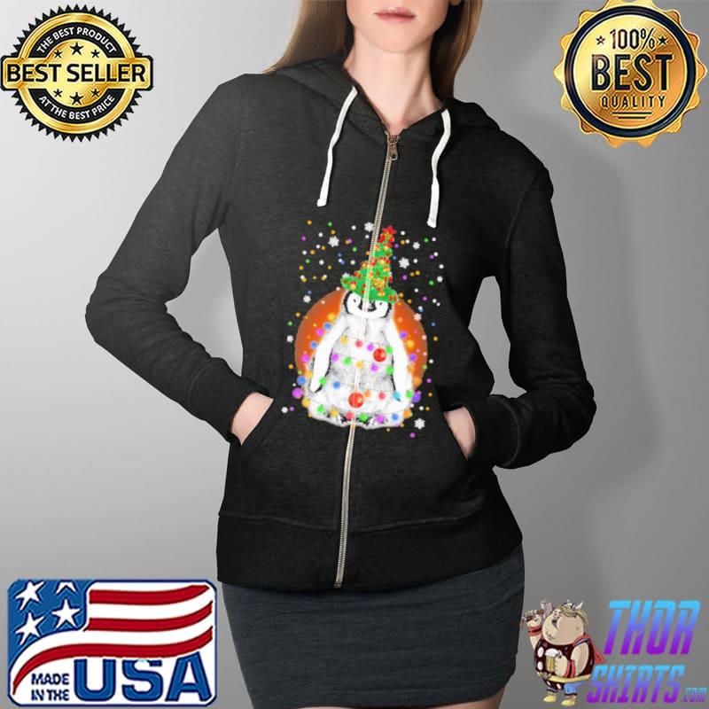 Penguin wearing Christmas tree hat Light Shirt Full Zip Hooded