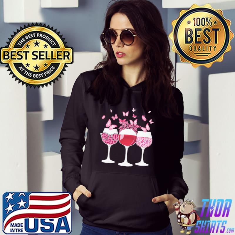 Pink Ribbon Wine Glass Butterfly Breast Cancer Awareness Shirt Hoodie