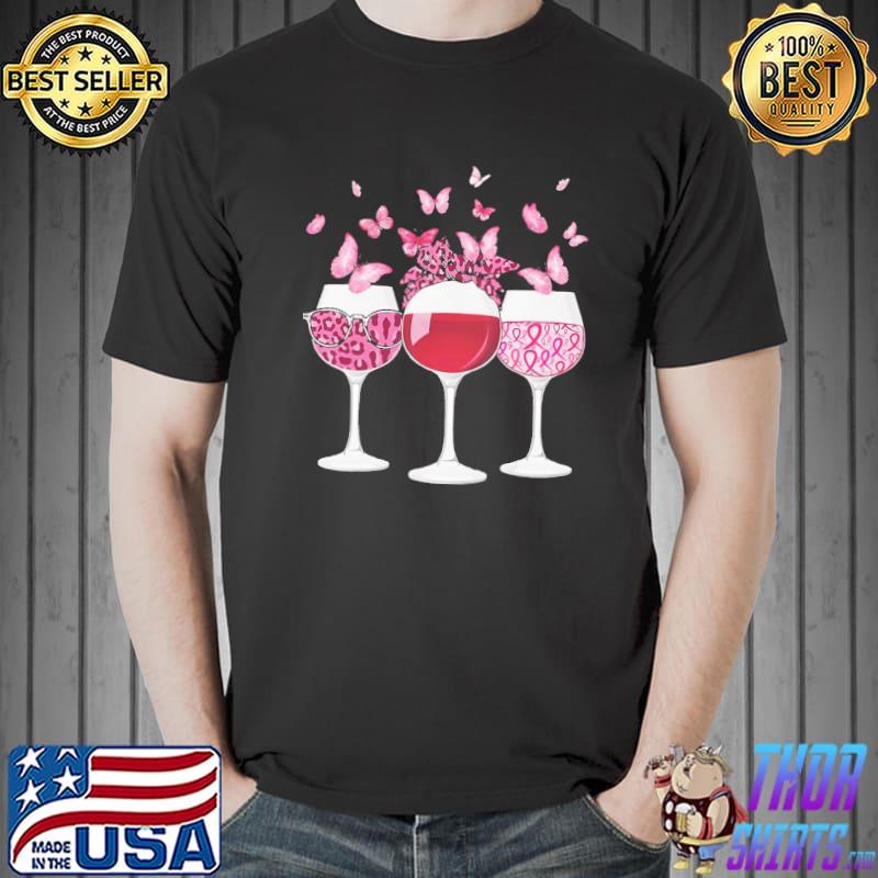 Pink Ribbon Wine Glass Butterfly Breast Cancer Awareness Shirt