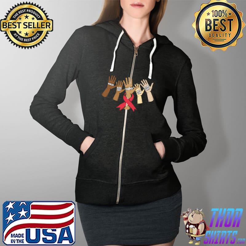 Red Ribbon World Aids Day Hands Support Hiv Awareness Month T-Shirt Full Zip Hooded
