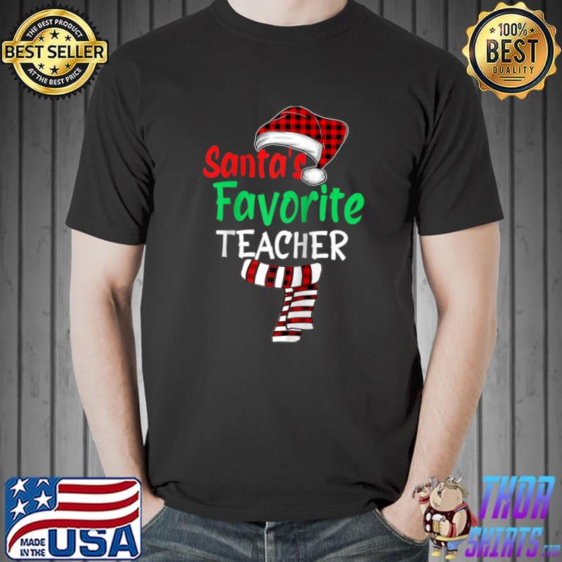 Santa's Favorite Teacher Funny Christmas Santa Red Plaid Raglan Baseball T-shirt