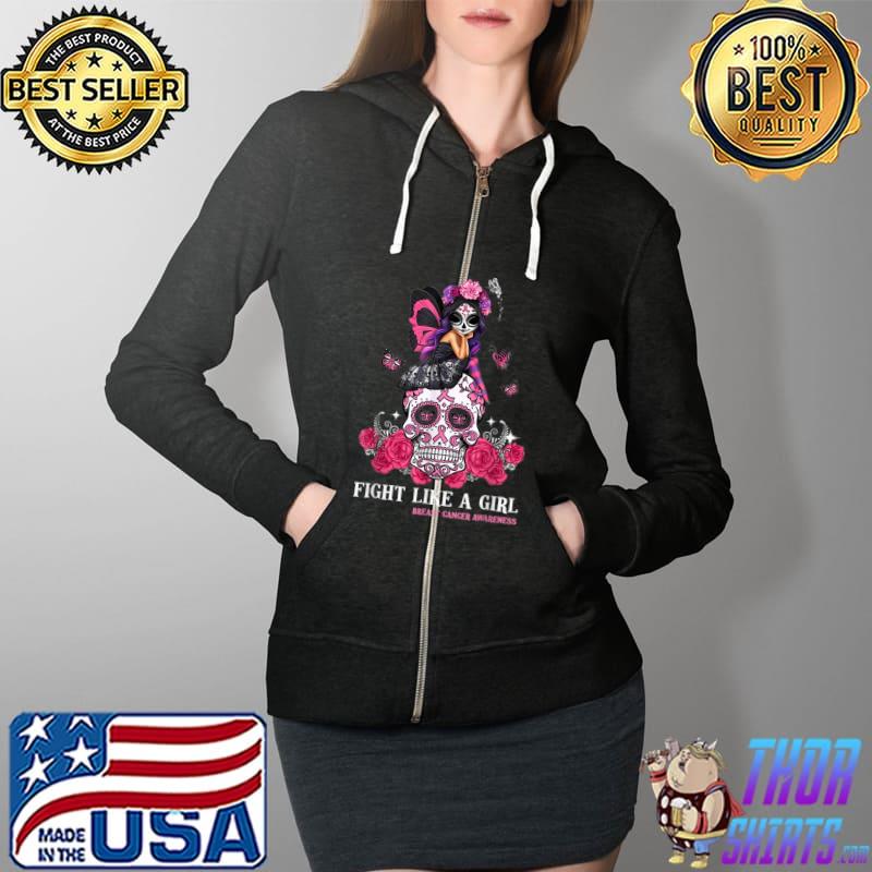 Sugar Skull Fight Breast Cancer Awareness Like A Girl T-Shirt Full Zip Hooded