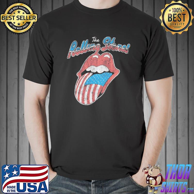 The rolling stone lip american flag music band shirt