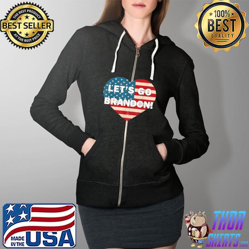 Womens Let's Go Brandon American Flag Heart T-Shirt Full Zip Hooded