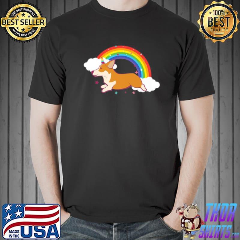 Best Tshirt Unicorn Corgi Jumps Beside Colorful Rainbow Shirt Unisex