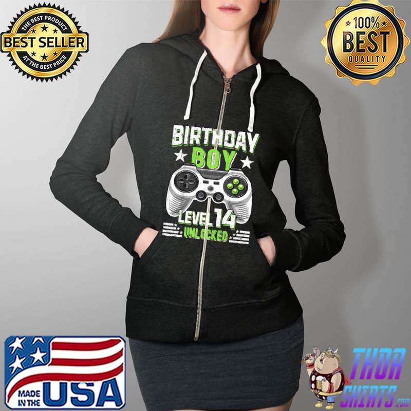 Best video Game Birthday Boy Level 14 Unlocked Gamer Kids Adults T-Shirt Full Zip Hooded