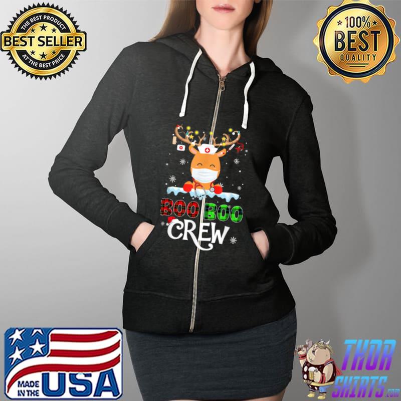 Christmas Boo Boo Crew Reindeer Nurse Buffalo Plaid Nurse T Shirt Full Zip Hooded