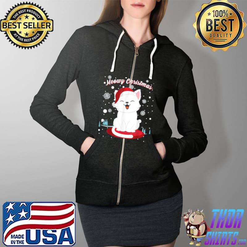 Christmas Cat with Santa hat cute kitty in Winter Wonderland T Shirt Full Zip Hooded