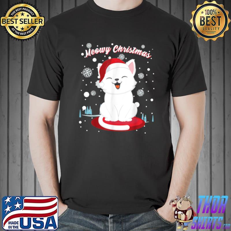 Christmas Cat with Santa hat cute kitty in Winter Wonderland T Shirt Unisex