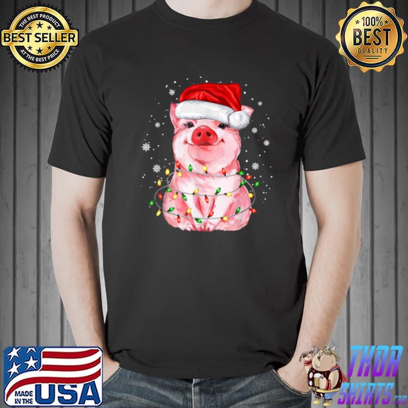 Cute Pig Tree Christmas Lights Funny Xmas Pajama Matching T Shirt Unisex