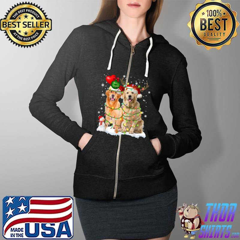 Funny golden Retriever Couple Santa Hat Light Reindeer In Snow T-Shirt Full Zip Hooded